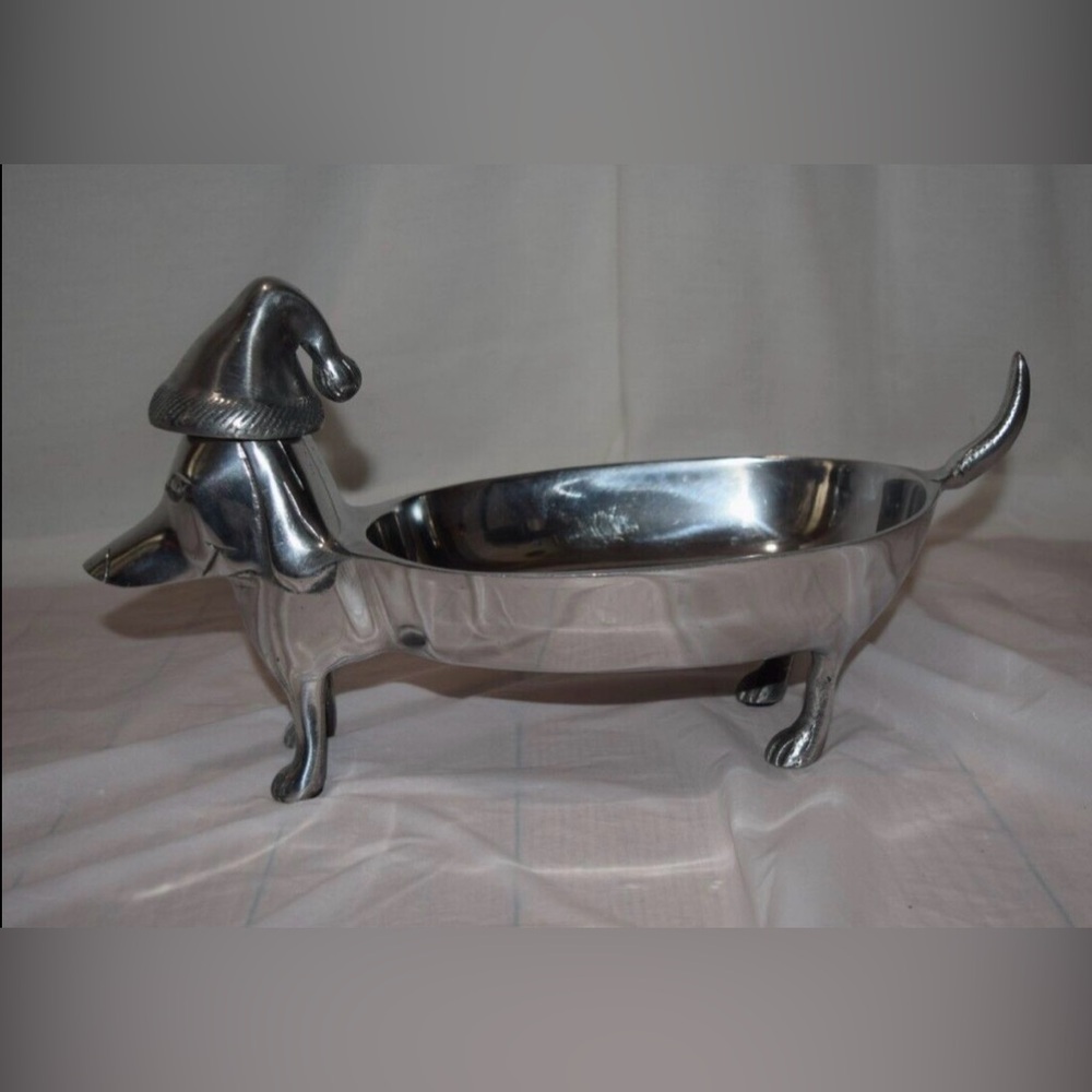 Christmas Dachshund Dog Pewter Silver Metal Candy Dish Oval Bowl Bsh